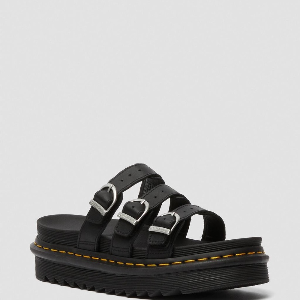 Dr. Martens Black Platform Sandals with Yellow Stitching
